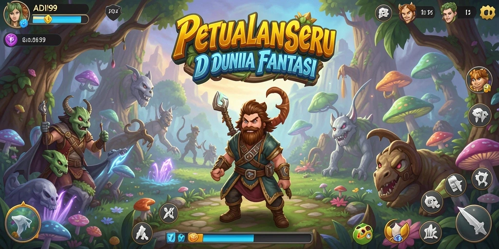 Tampilan gameplay ADI99 dengan pahlawan beraksi di dunia fantasi.