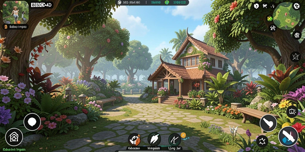Screenshot menunjukkan taman yang subur dan penuh warna dalam BBCA4D.