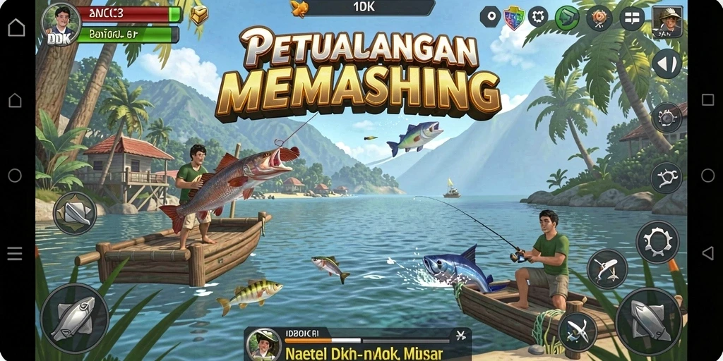 Screenshot gameplay DKK menampilkan momen memancing yang mendebarkan.