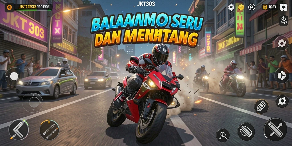 Gameplay JKT303 memperlihatkan balapan motor yang seru dan penuh tantangan.