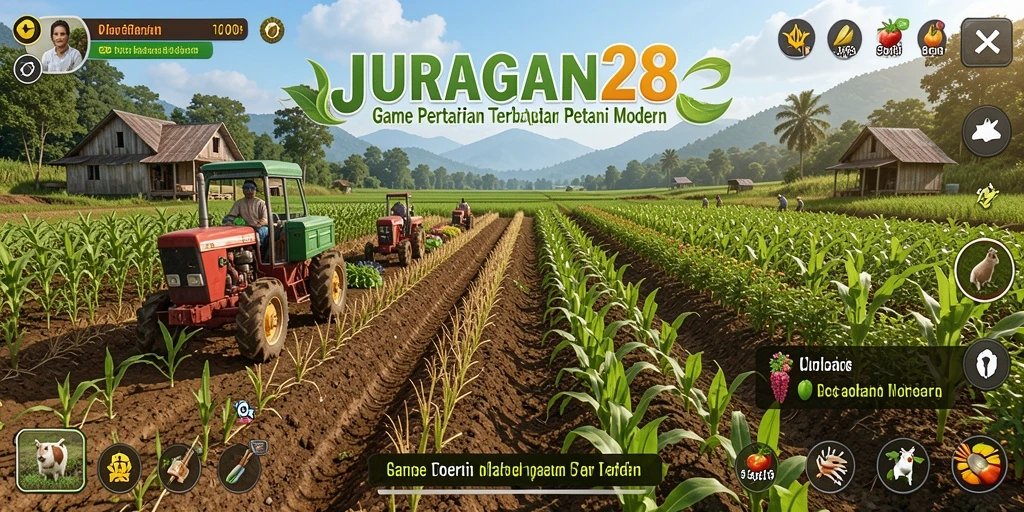 Tampilan gameplay JURAGAN28 dengan kebun yang subur dan aktif.