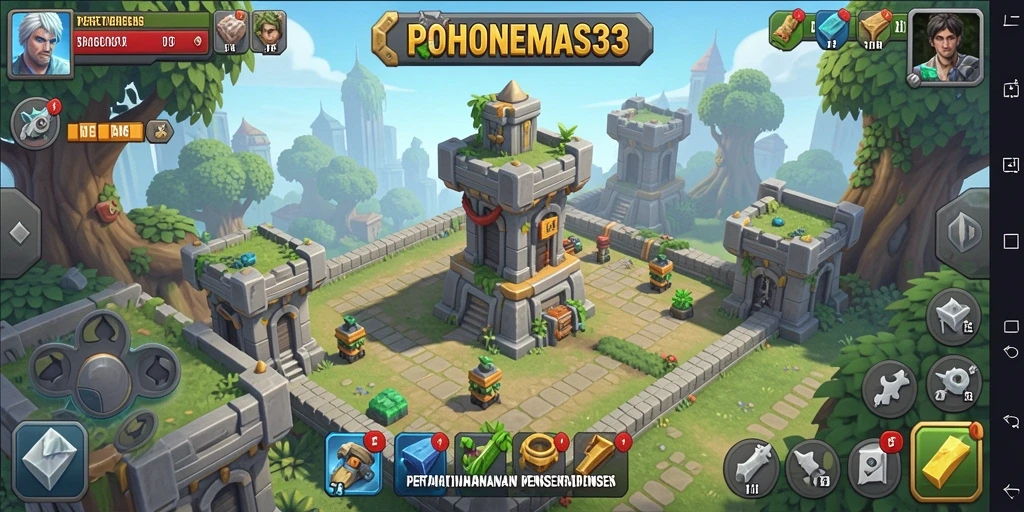 Cuplikan gameplay POHONEMAS33 dengan menara dan musuh yang beragam.