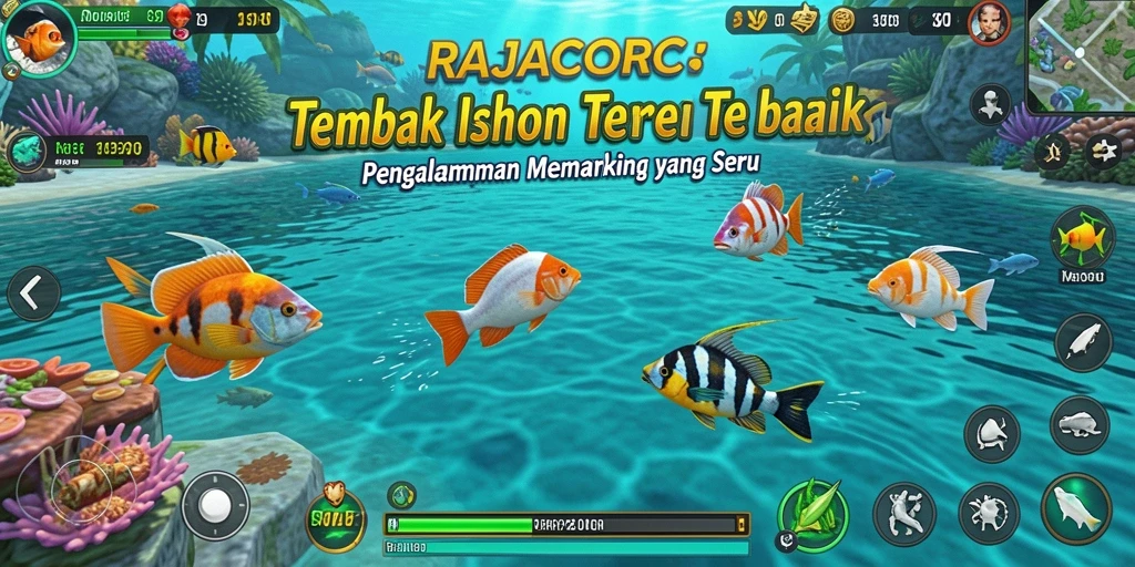 Screenshot gameplay RAJACORC yang menunjukkan aksi menembak ikan.