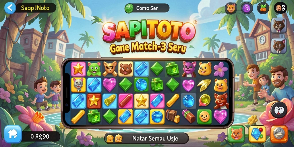 Tampilan seru gameplay SAPITOTO dengan elemen Match-3 yang penuh warna.